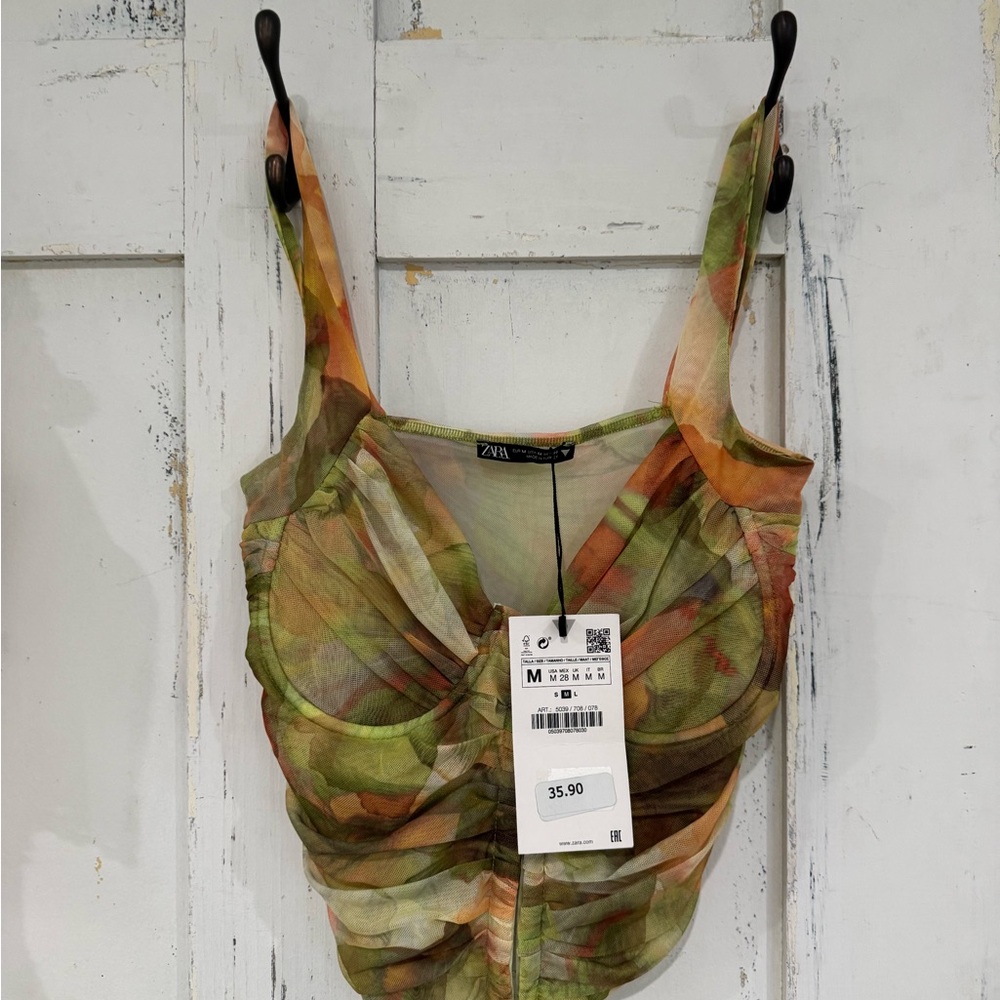 Zara Green and Orange Ruched Crop Top